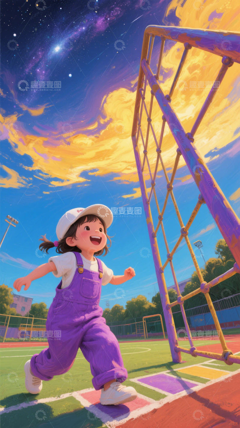 高清大图下载【趣麦麦图】儿童活力操场星空主题插画
