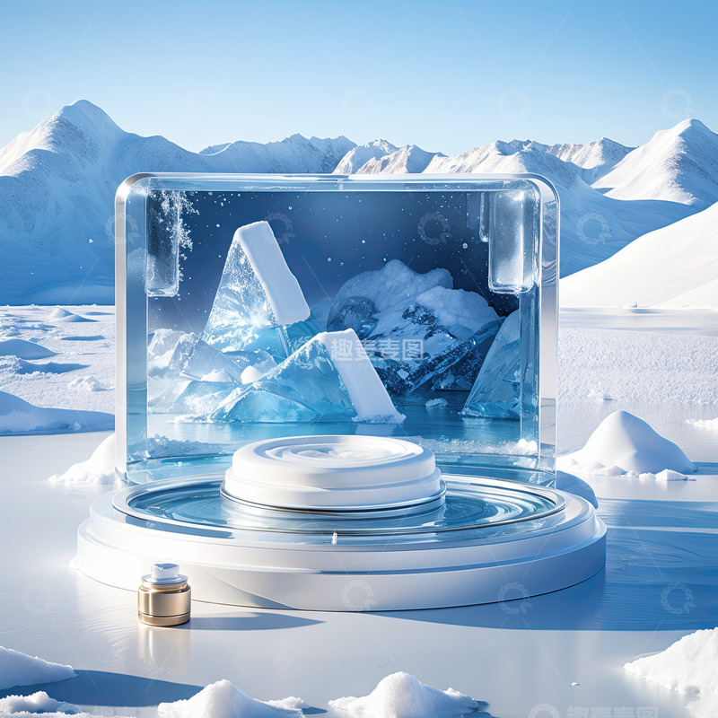 高清大图下载【趣麦麦图】雪景湖面圆形产品展台AI插画高清海报背景19