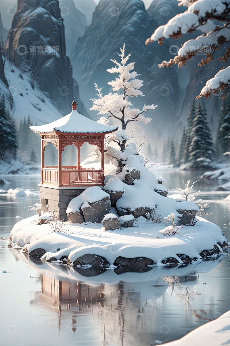 高清大图下载【趣麦麦图】雪景湖面电商产品展台AI插画高清海报背景15