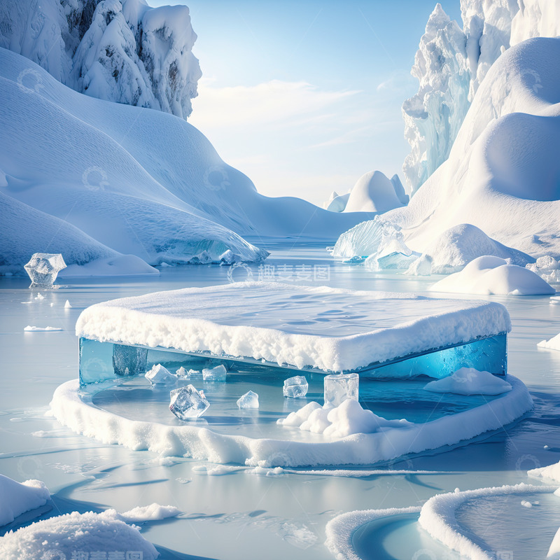 高清大图下载【趣麦麦图】雪景湖面圆形产品展台AI插画高清海报背景16