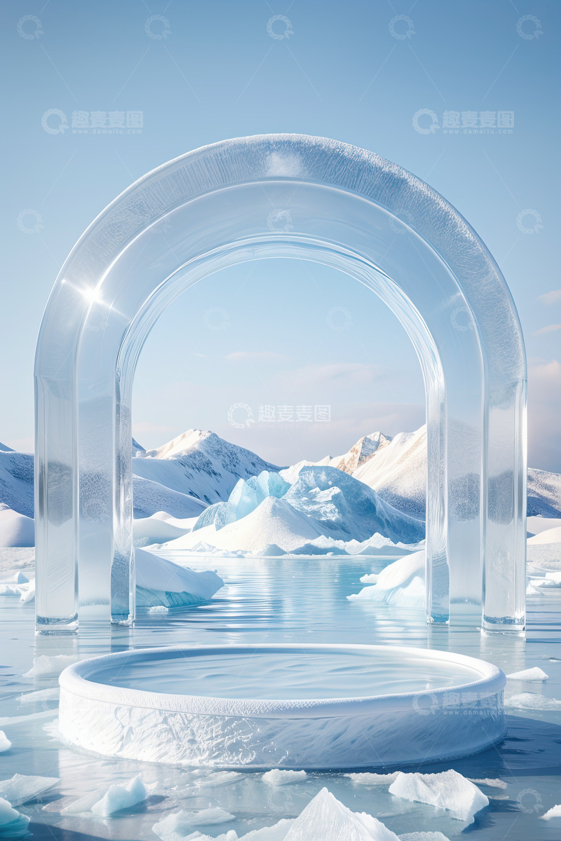 高清大图下载【趣麦麦图】雪景湖面圆形产品展台AI插画高清海报背景31