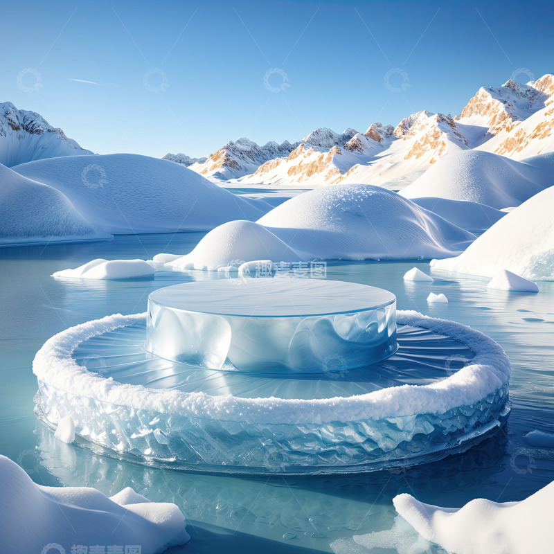 高清大图下载【趣麦麦图】雪景湖面圆形产品展台AI插画高清海报背景20
