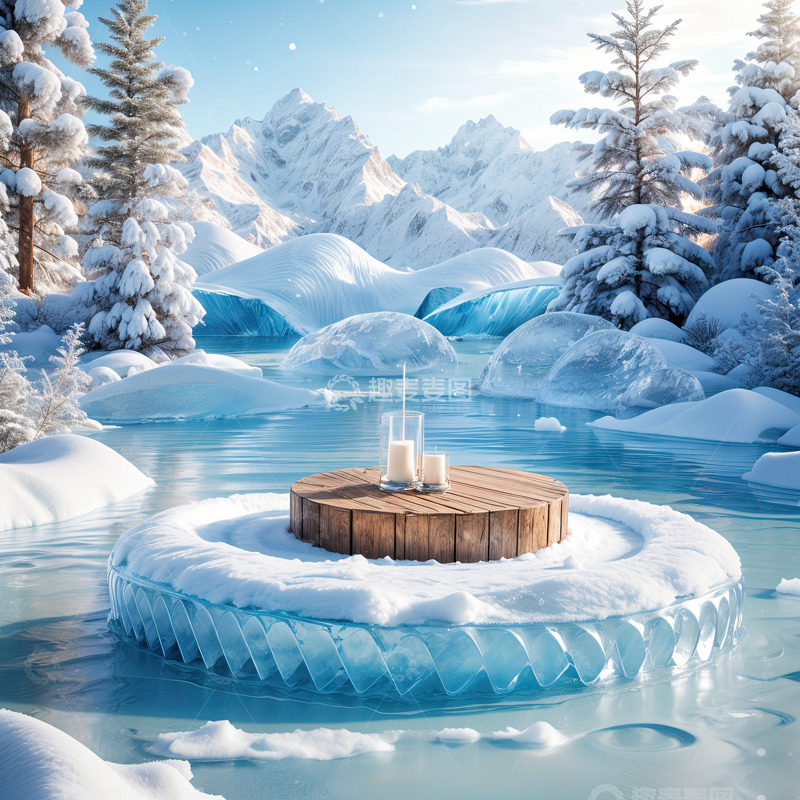 高清大图下载【趣麦麦图】雪景湖面圆形产品展台AI插画高清海报背景23