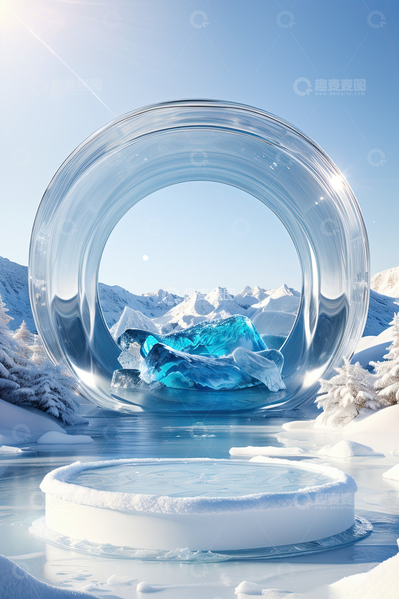 高清大图下载【趣麦麦图】雪景湖面圆形产品展台AI插画高清海报背景8