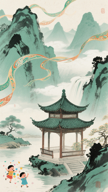 国风山水间儿童嬉戏主题插画