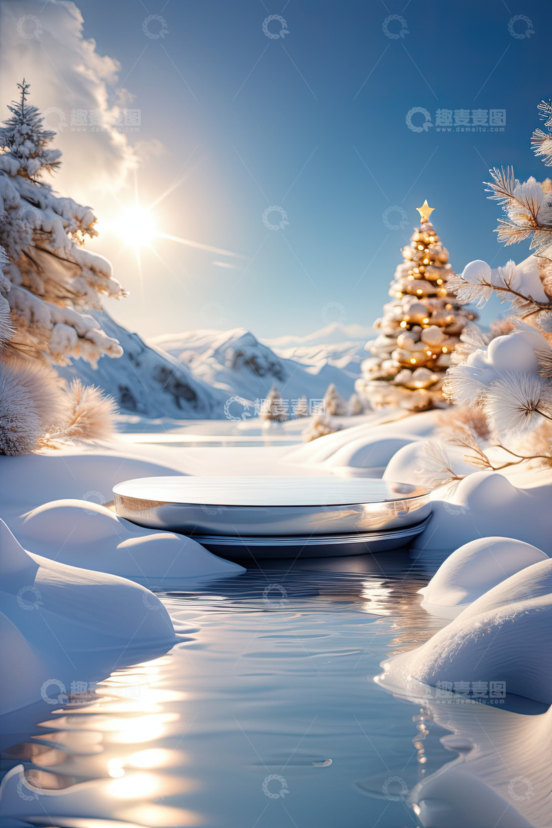 高清大图下载【趣麦麦图】雪景湖面圆形产品展台AI插画高清海报背景33