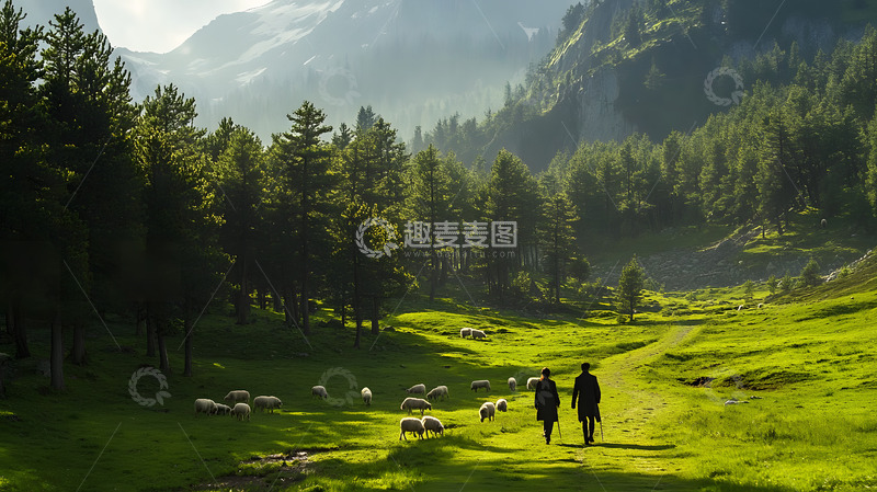 高清大图下载【趣麦麦图】绿色森林羊群美景2