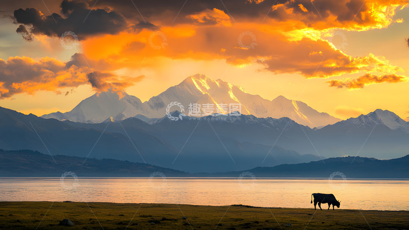 高清大图下载【趣麦麦图】雪山下的湖泊壮丽云彩美景1