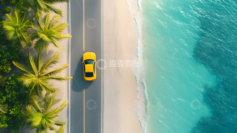 高清大图下载【趣麦麦图】海边行驶中的黄色小车