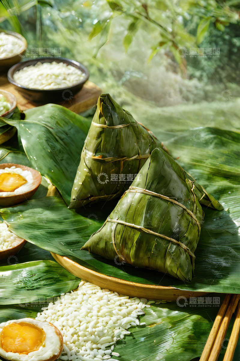 高清大图下载【趣麦麦图】-绿色端午节新鲜肉棕子AI插画海报高清图片5