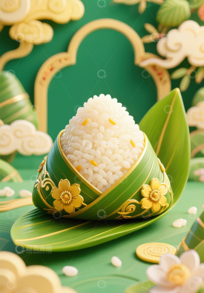 高清大图下载【趣麦麦图】绿色端午节新鲜肉棕子AI插画海报高清图片