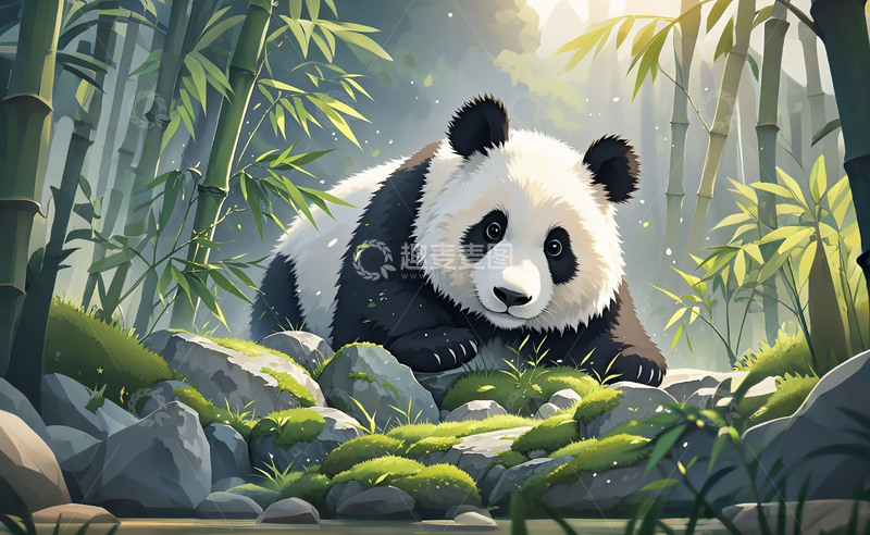 高清大图下载【趣麦麦图】熊猫在竹林卡通风格