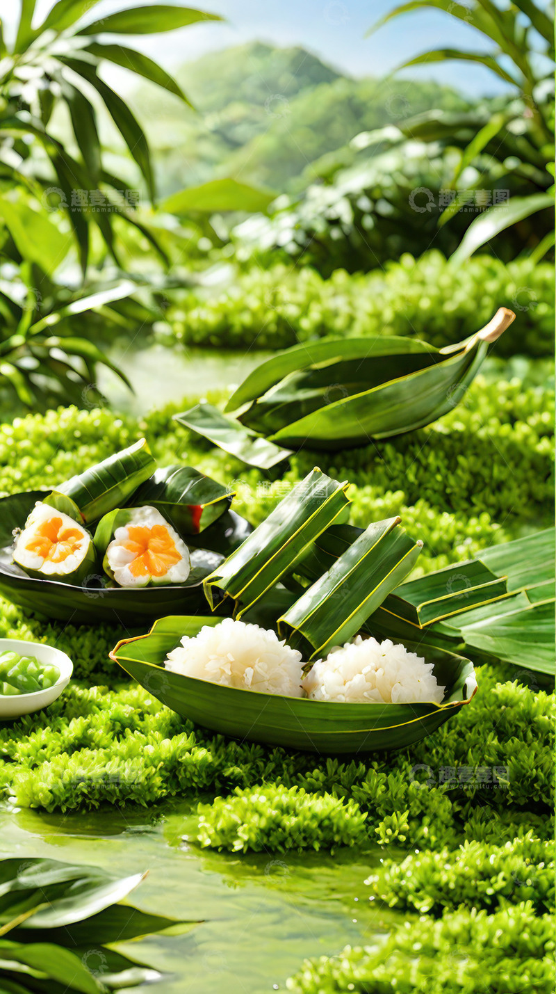 高清大图下载【趣麦麦图】-绿色端午节新鲜肉棕子AI插画海报高清图片10