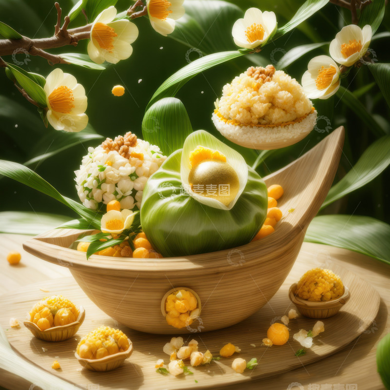 高清大图下载【趣麦麦图】-绿色端午节新鲜肉棕子AI插画海报高清图片67