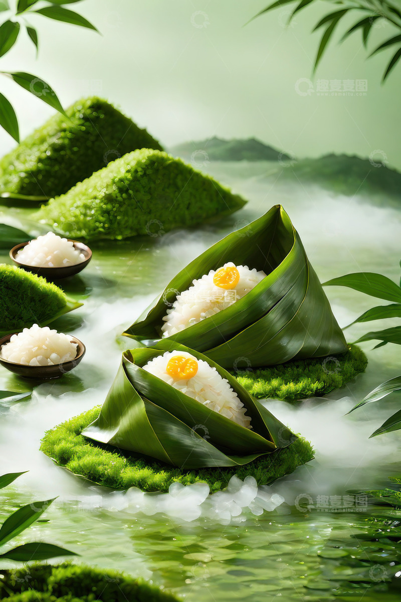 高清大图下载【趣麦麦图】绿色端午节新鲜肉棕子AI插画海报高清图片68