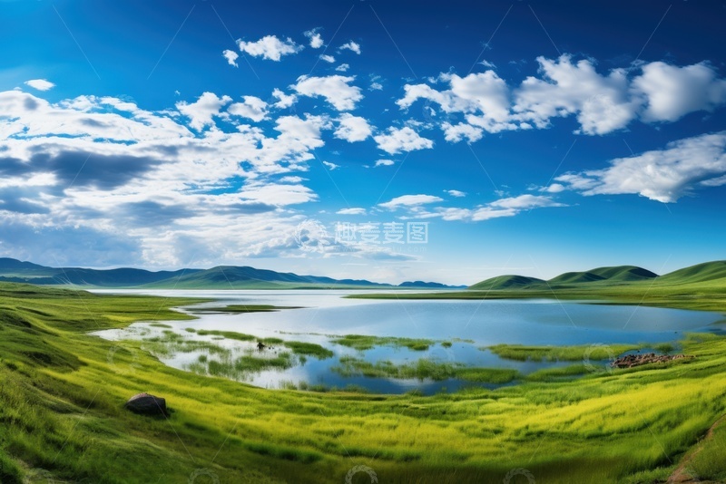 高清大图下载【趣麦麦图】大草原上的湖泊自然美景