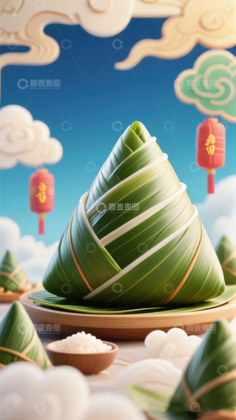 高清大图下载【趣麦麦图】-绿色端午节新鲜肉棕子AI插画海报高清图片35