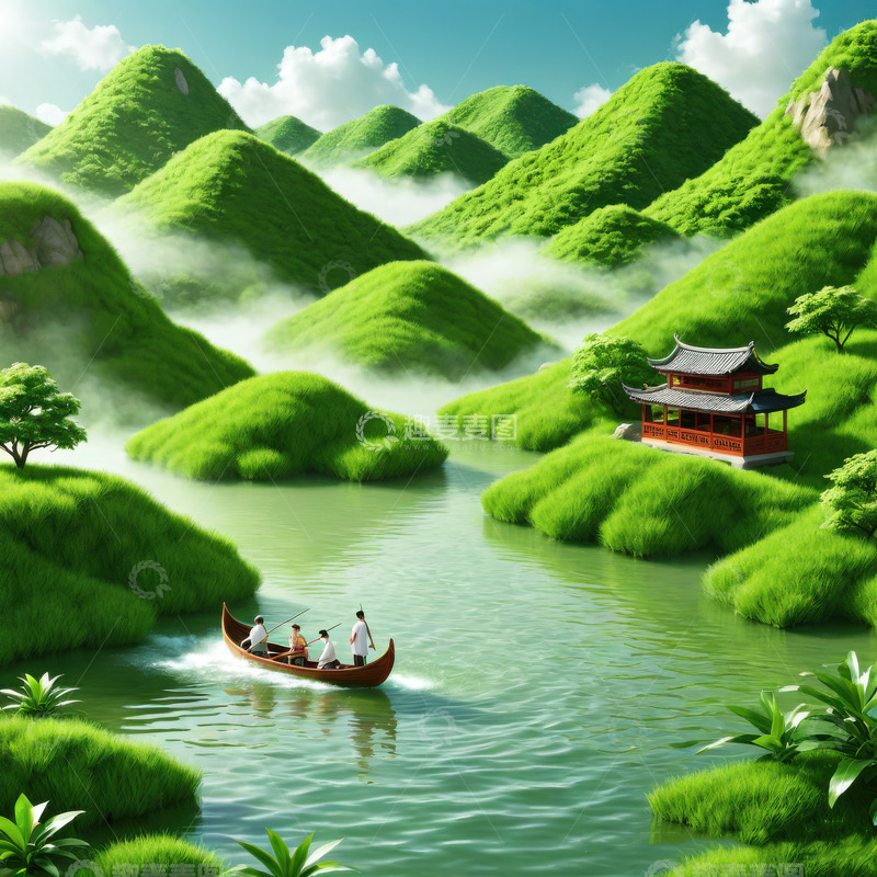 高清大图下载【趣麦麦图】绿色喜庆端午节AI插画高清海报图片素材16