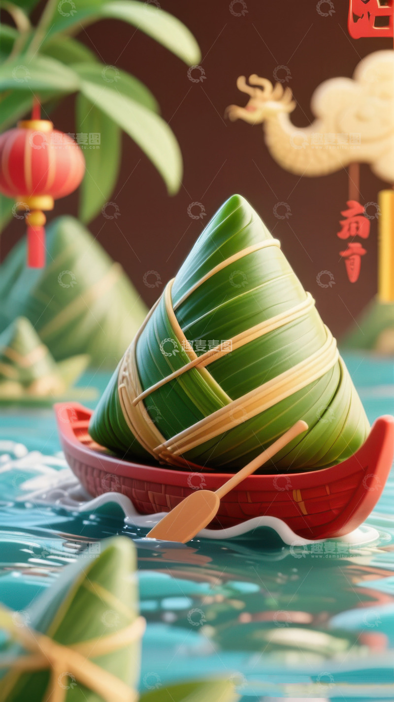 高清大图下载【趣麦麦图】喜庆端午节赛龙舟棕子AI插画海报高清图片1