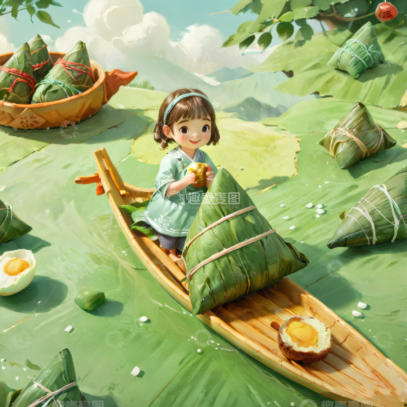 高清大图下载【趣麦麦图】喜庆端午节送棕子礼物AI插画海报高清图片4