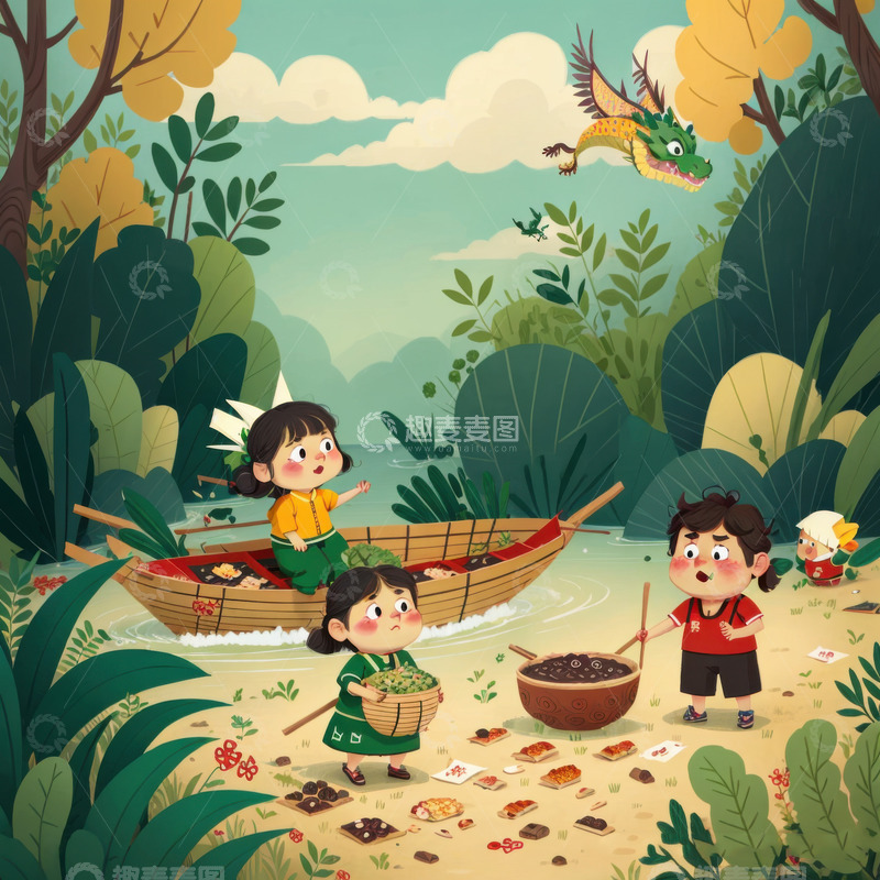 高清大图下载【趣麦麦图】-绿色喜庆端午节AI插画高清海报图片素材35