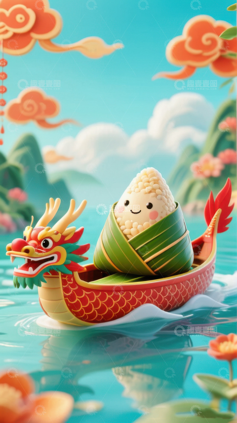 高清大图下载【趣麦麦图】喜庆端午节赛龙舟棕子AI插画海报高清图片5