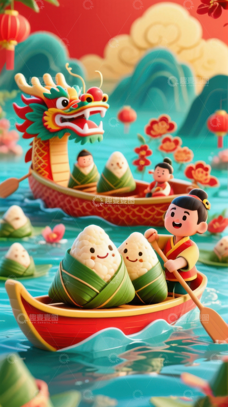 高清大图下载【趣麦麦图】喜庆端午节赛龙舟棕子AI插画海报高清图片