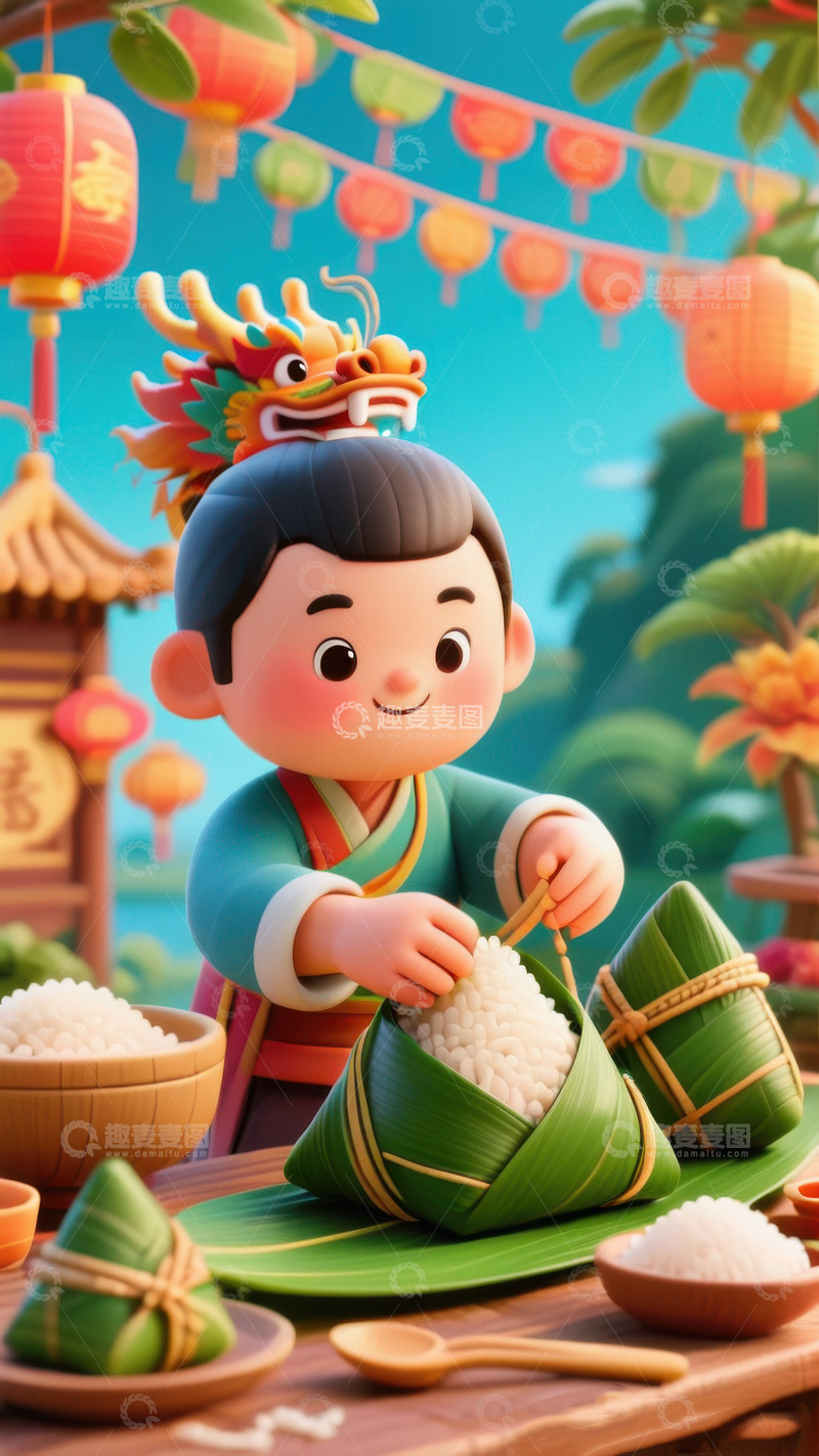 高清大图下载【趣麦麦图】喜庆端午节送棕子礼物AI插画海报高清图片2