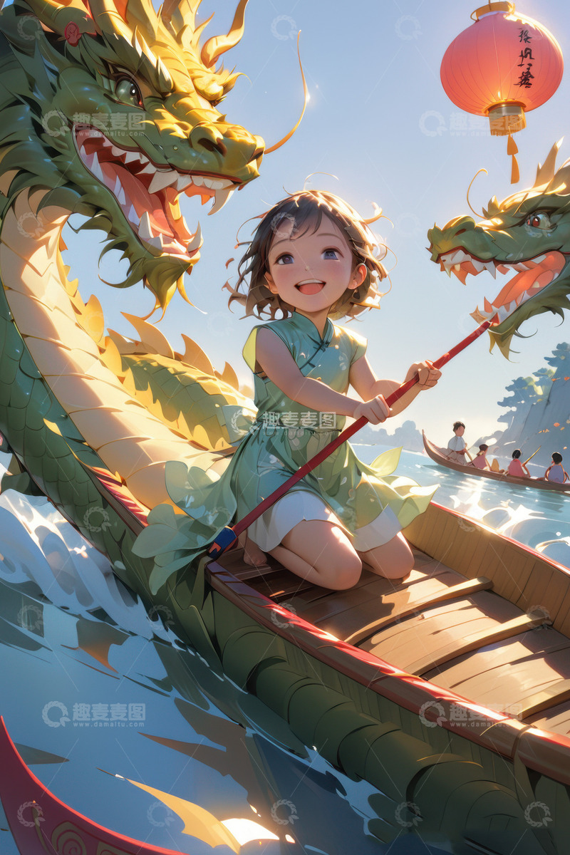 高清大图下载【趣麦麦图】喜庆端午节赛龙舟AI插画高清海报图片素材6