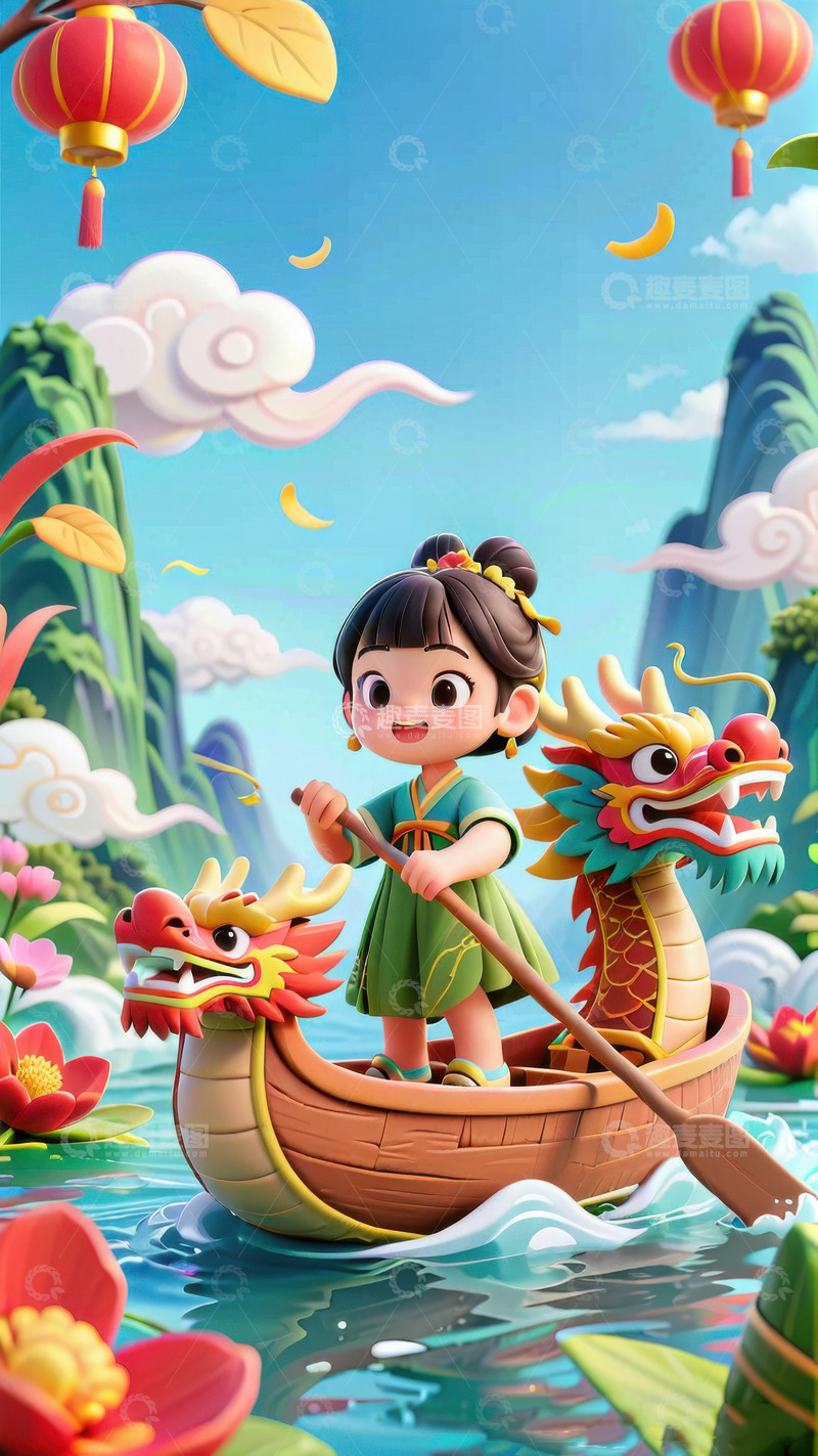 高清大图下载【趣麦麦图】喜庆端午节赛龙舟AI插画高清海报图片素材8