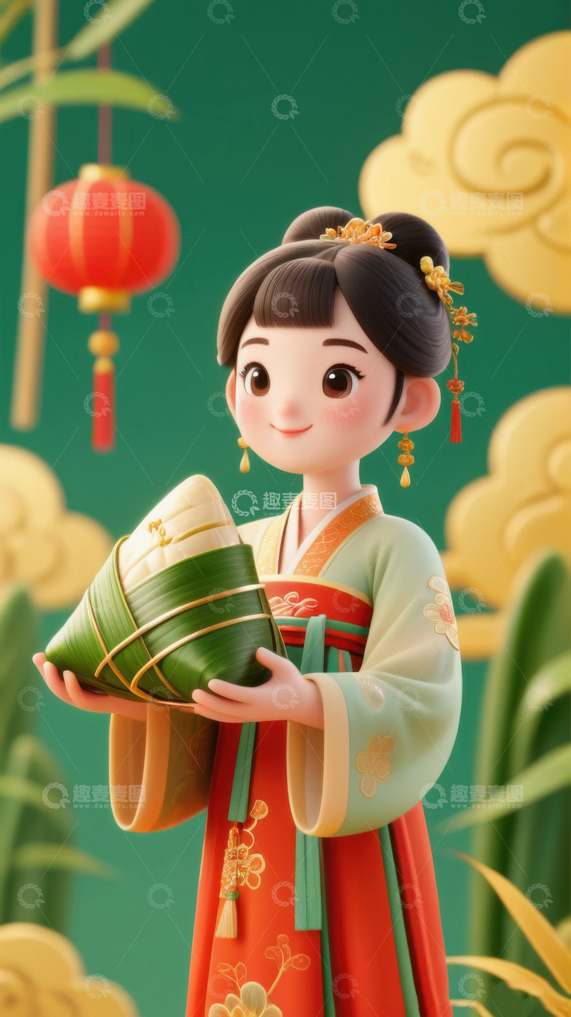 高清大图下载【趣麦麦图】喜庆端午节送棕子礼物AI插画海报高清图片1