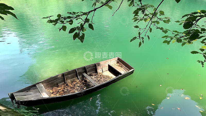 高清大图下载【趣麦麦图】绿色河道上的小木舟1