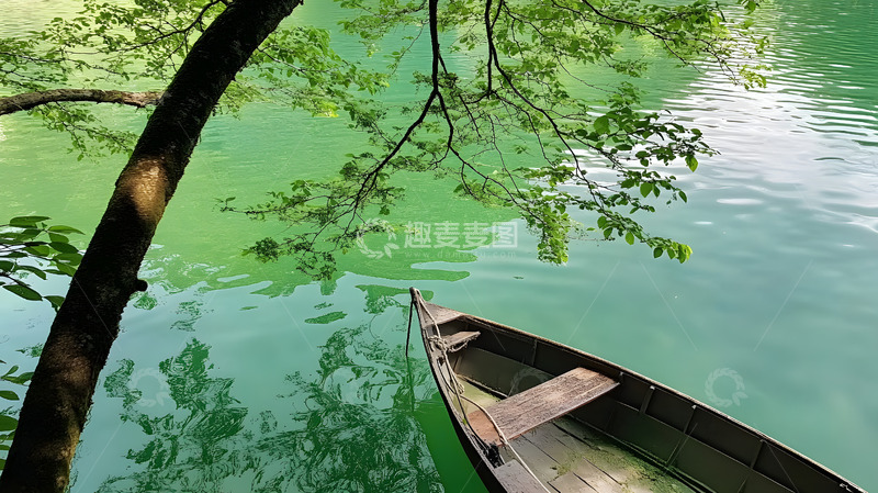 高清大图下载【趣麦麦图】绿色河道上的小木舟2