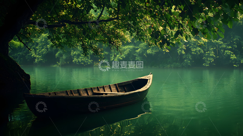 高清大图下载【趣麦麦图】绿色河道上的小木舟