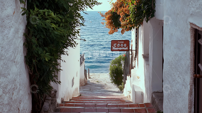 高清大图下载【趣麦麦图】地中海风情海边的小巷