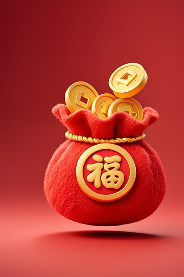 红色喜庆福袋钱袋AI插画壁纸海报背景素材