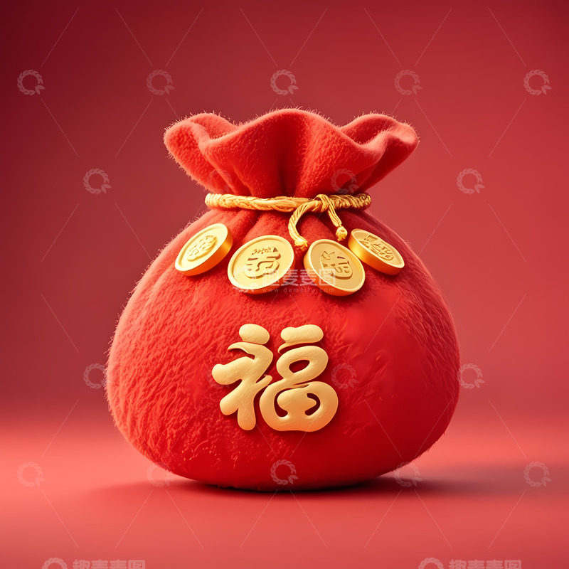 红色喜庆福袋钱袋AI插画壁纸海报背景素材
