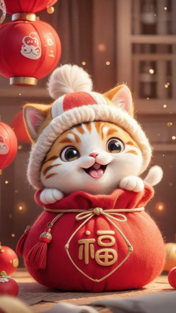 红色喜庆猫咪福袋AI插画电商海报背景图片2