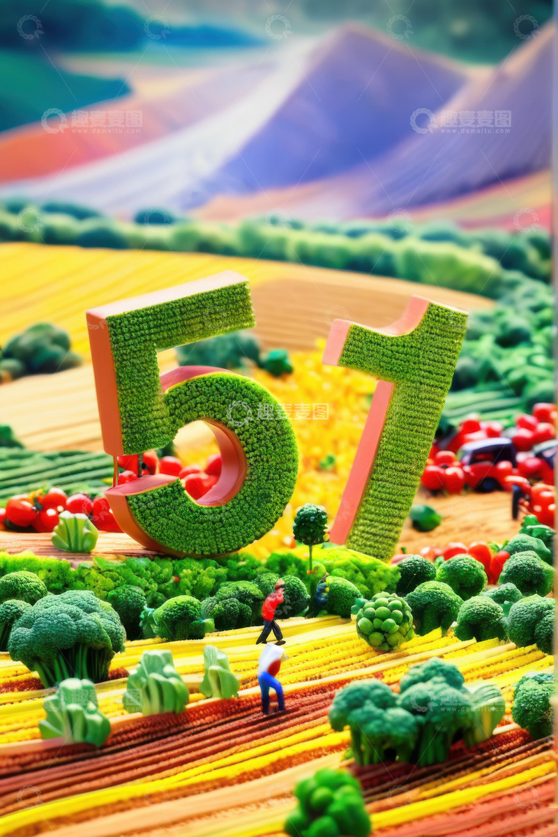 高清大图下载【趣麦麦图】绿色五一劳动节特效字AI插画微缩场景海报5