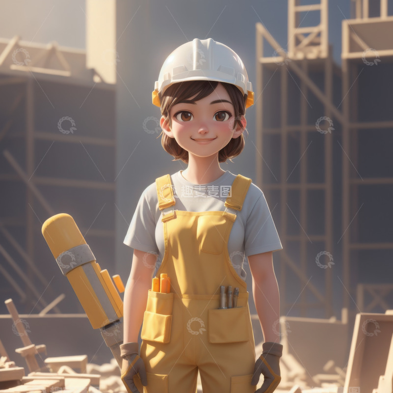 高清大图下载【趣麦麦图】3D劳动节建筑工人AI插画海报背景图片素