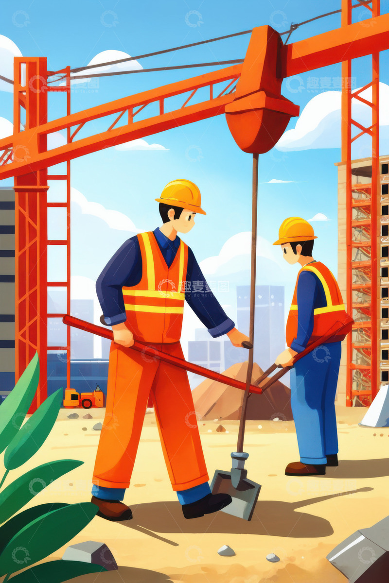 高清大图下载【趣麦麦图】2D劳动节建筑工人AI插画海报背景图片素