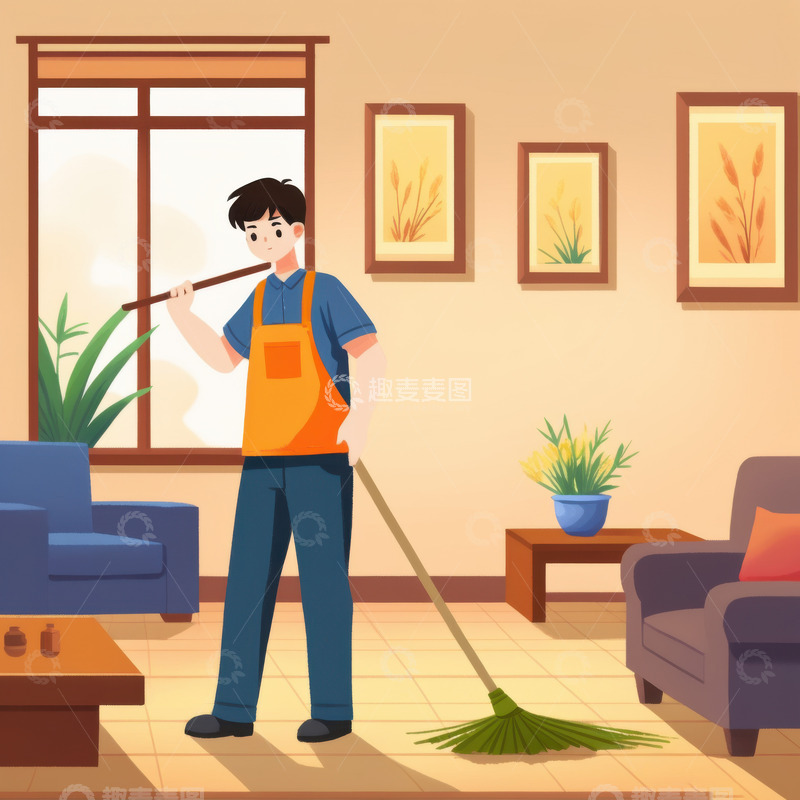 高清大图下载【趣麦麦图】五一劳动节家庭大扫除AI插画海报背景图片