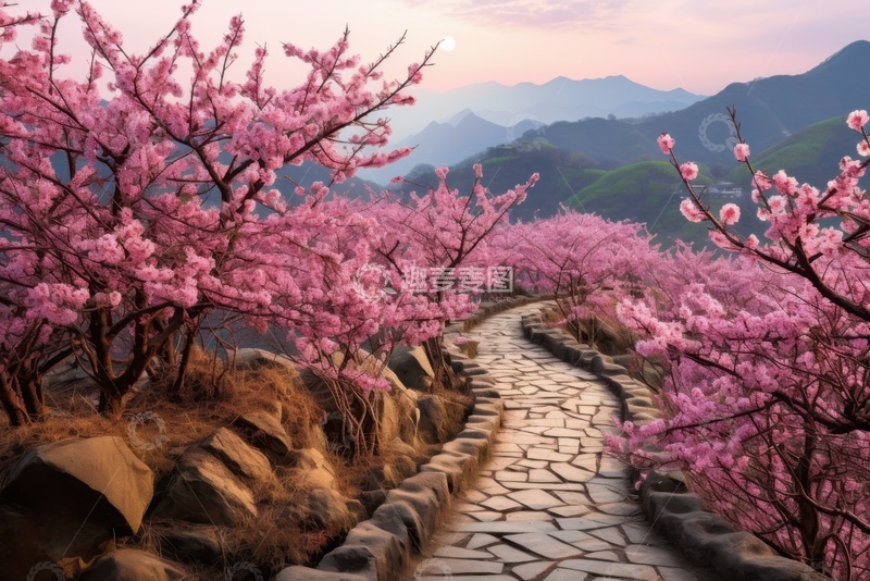 高清大图下载【趣麦麦图】山上盛开的桃花林