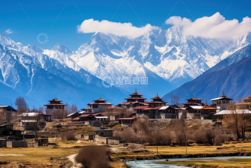 高清大图下载【趣麦麦图】神山脚下的村落建筑