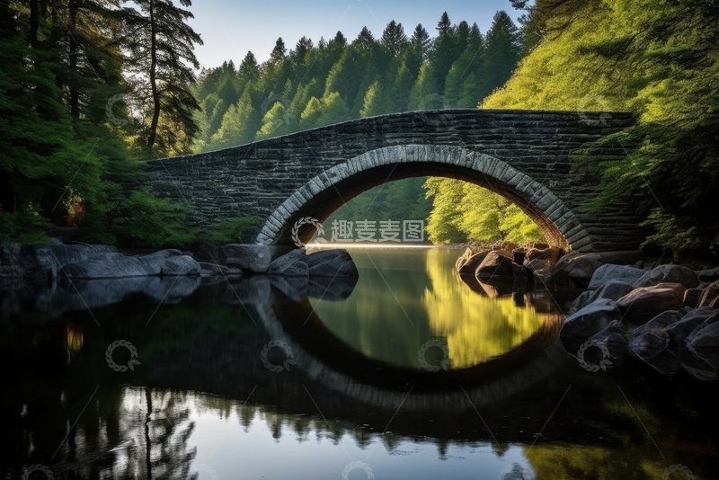 高清大图下载【趣麦麦图】森林拱桥湖泊