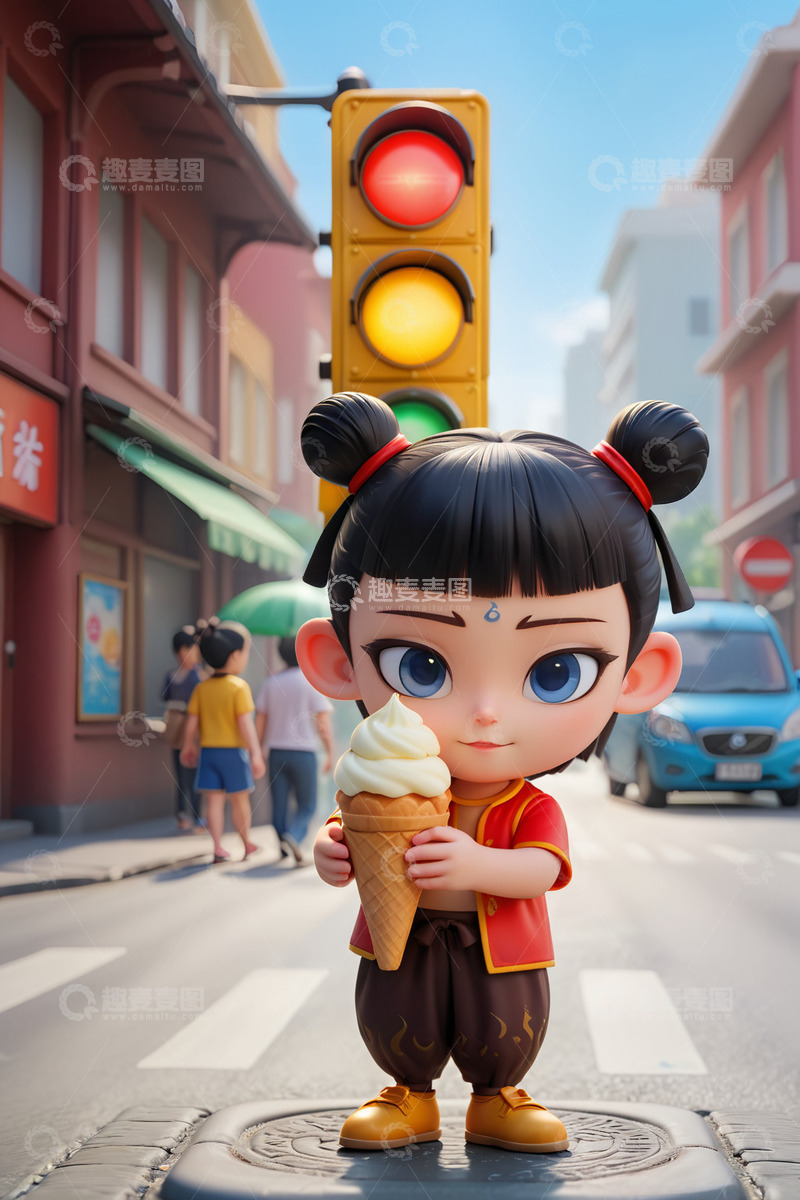 高清大图下载【趣麦麦图】-可爱3D卡通吃冰激凌哪吒AI插画海报背景