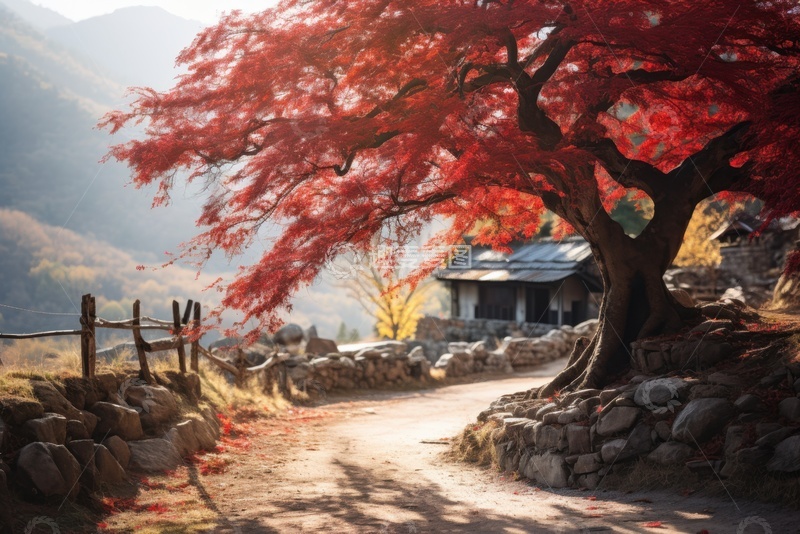 高清大图下载【趣麦麦图】乡村小镇枫树和土路