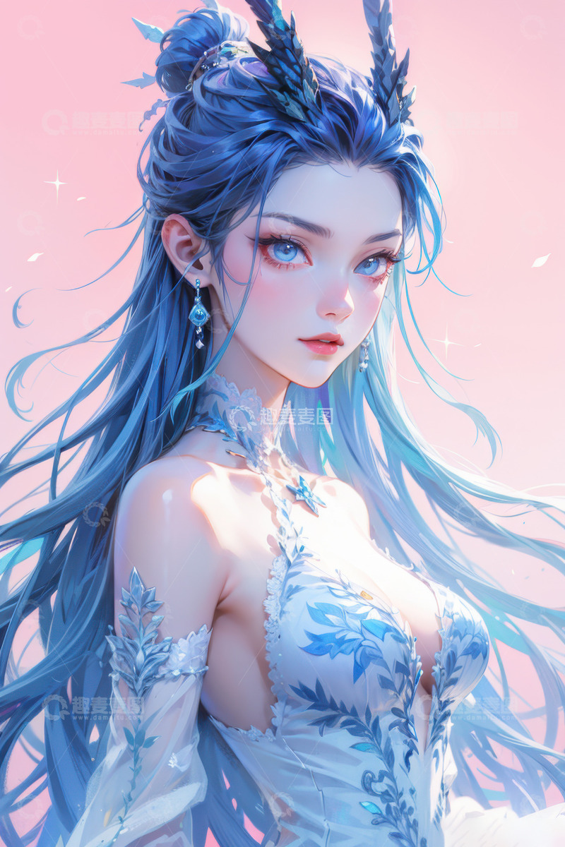 高清大图下载【趣麦麦图】蓝色美艳西海龙王敖闰&zwnj;&zwnj;AI插画海报背景