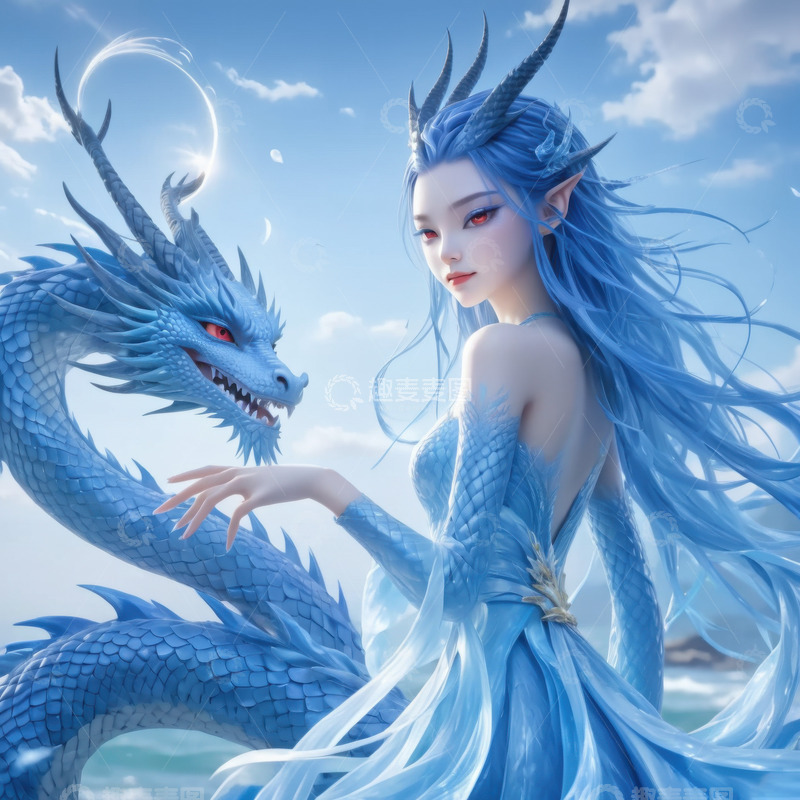 高清大图下载【趣麦麦图】蓝色美艳西海龙王敖闰&zwnj;&zwnj;AI插画海报背景6
