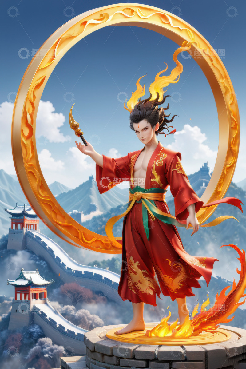 高清大图下载【趣麦麦图】威武霸气的成年哪吒AI插画海报背景素材1